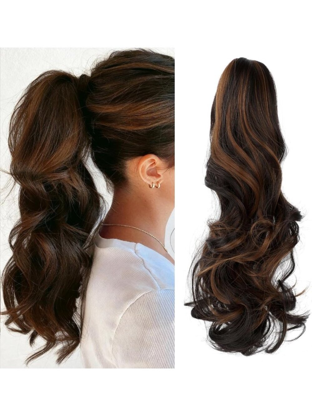 18" Curly Wavy Ponytail Extension - Dark Brown & Light Auburn Clip-In Hairpiece